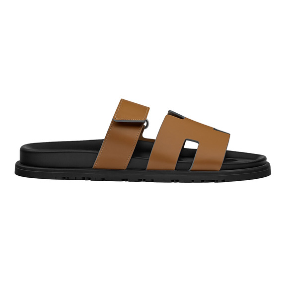 Hermes Chypre Sandal Mens Black Brown Leather H Logo Slide Slip On Flat 44 11 - Picture 1 of 12